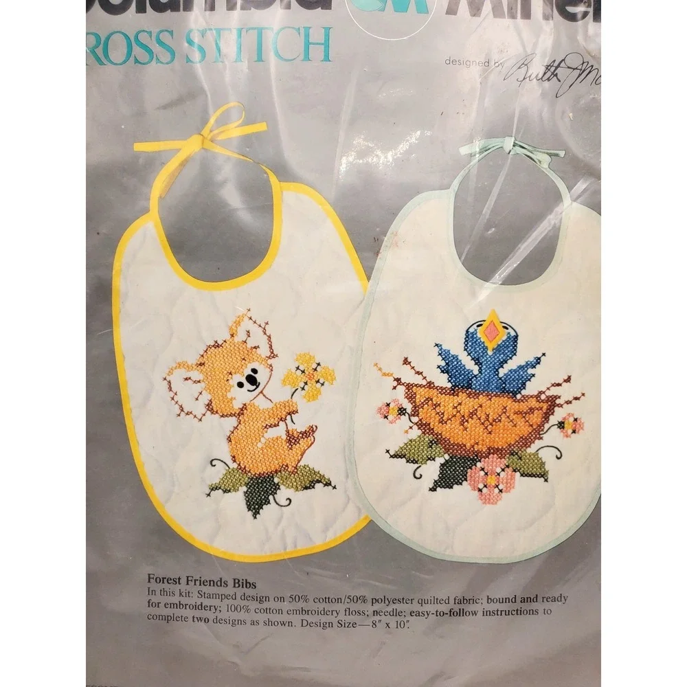 Vintage 1980 Columbia Minerva Forest Friends Baby Bib Cross Stitch Kit SEALED